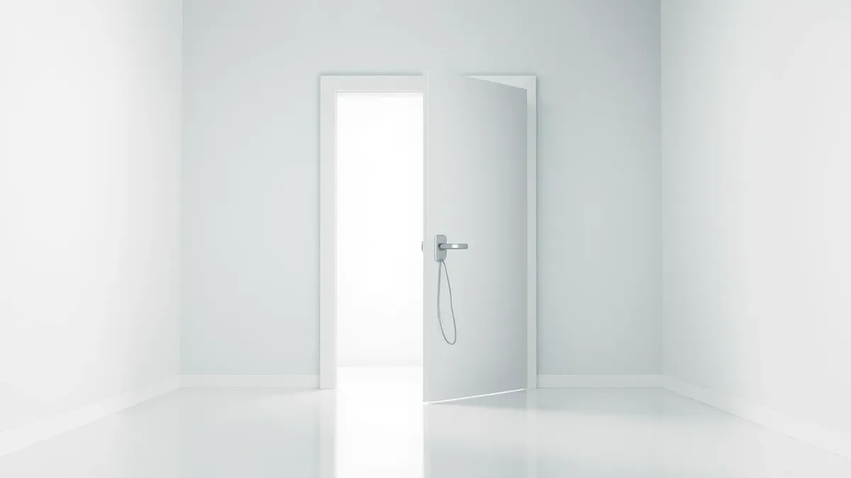 Illustration: A smooth, featureless metal door stands slightly ajar in a sterile white corridor.