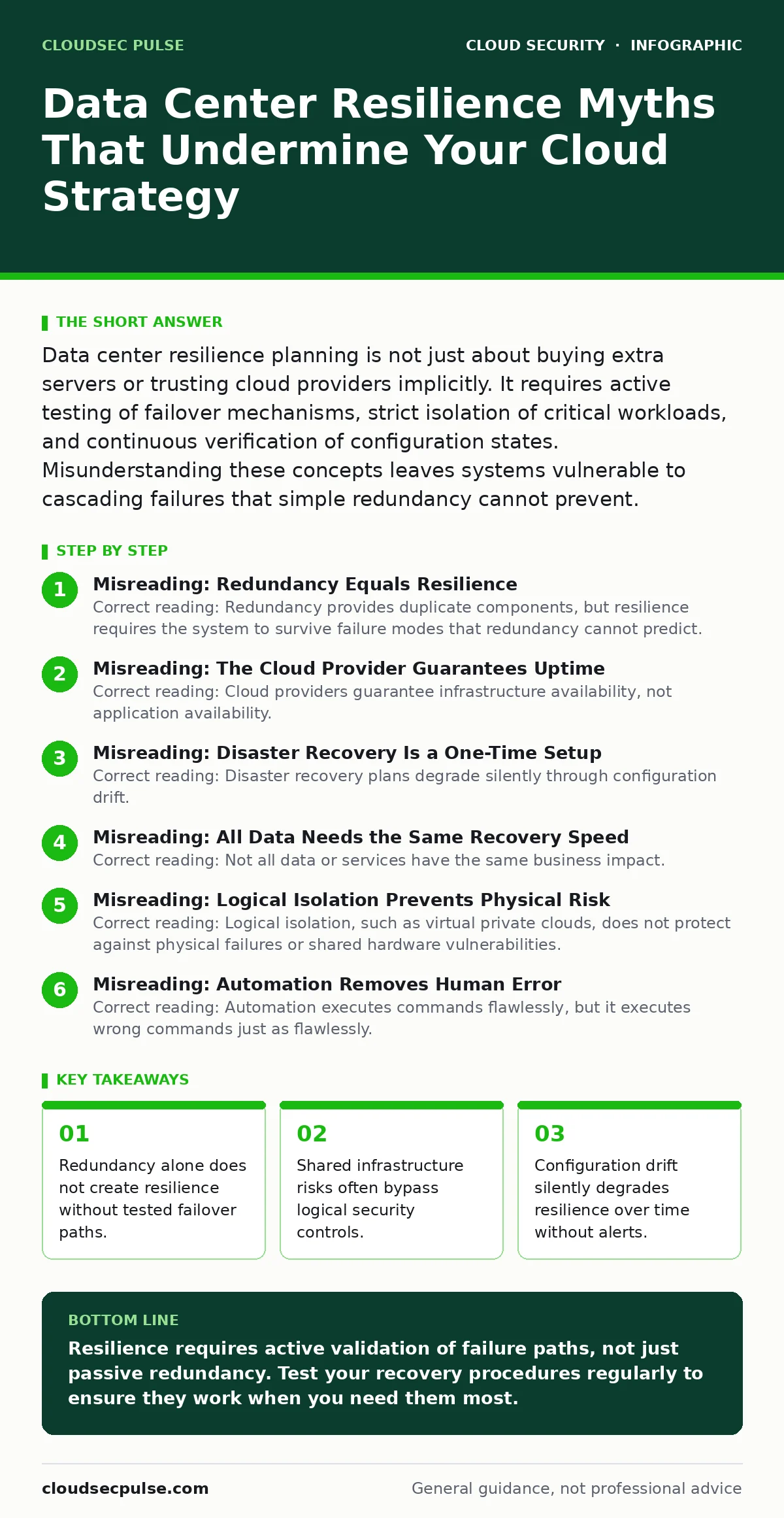 Infographic: Data Center Resilience Myths That Undermine Your Cloud Strategy. Redundancy alone does not create resilience without tested failover paths. Shared infrastructure risks often bypass logical security controls. Configuration drift silently degrades resilience over time without alerts. Reco