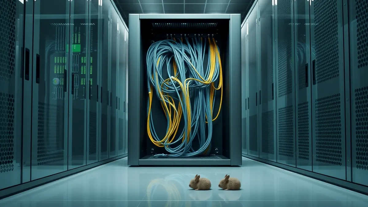 Illustration: A pristine server rack sits in a dim aisle, its front panel open to reveal tangled, color-coded cables connecting to a single shared power supply unit.