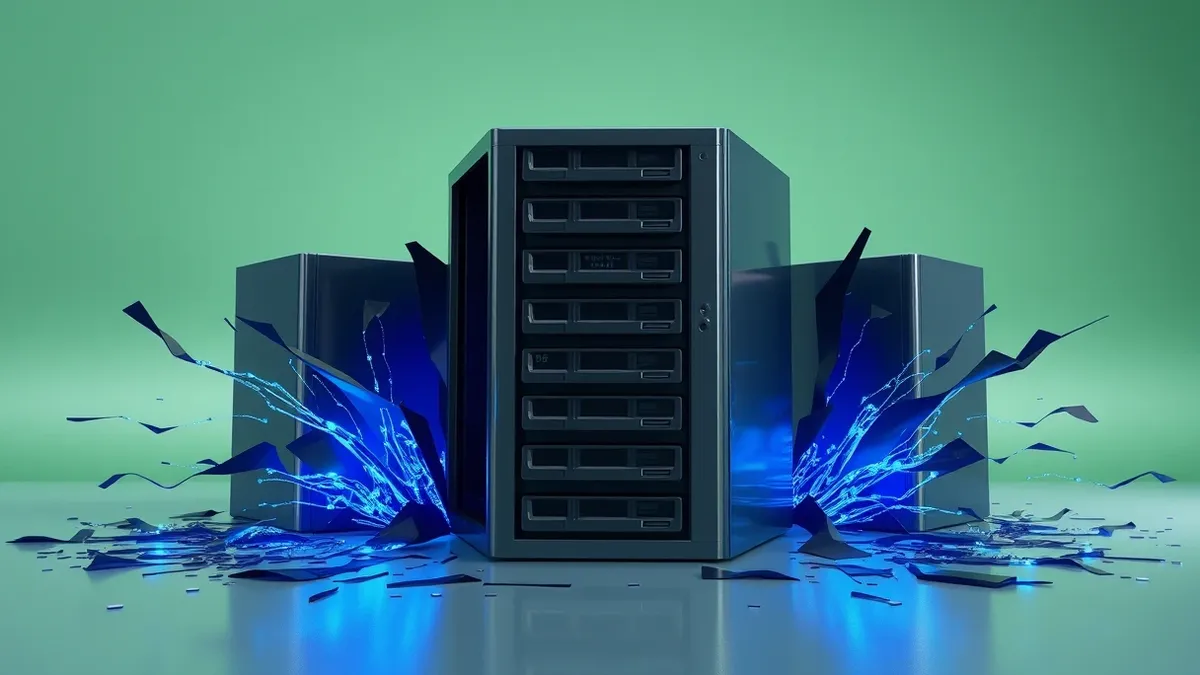 Illustration: A generic database server sits exposed as jagged, dark digital shards pierce its protective shell.