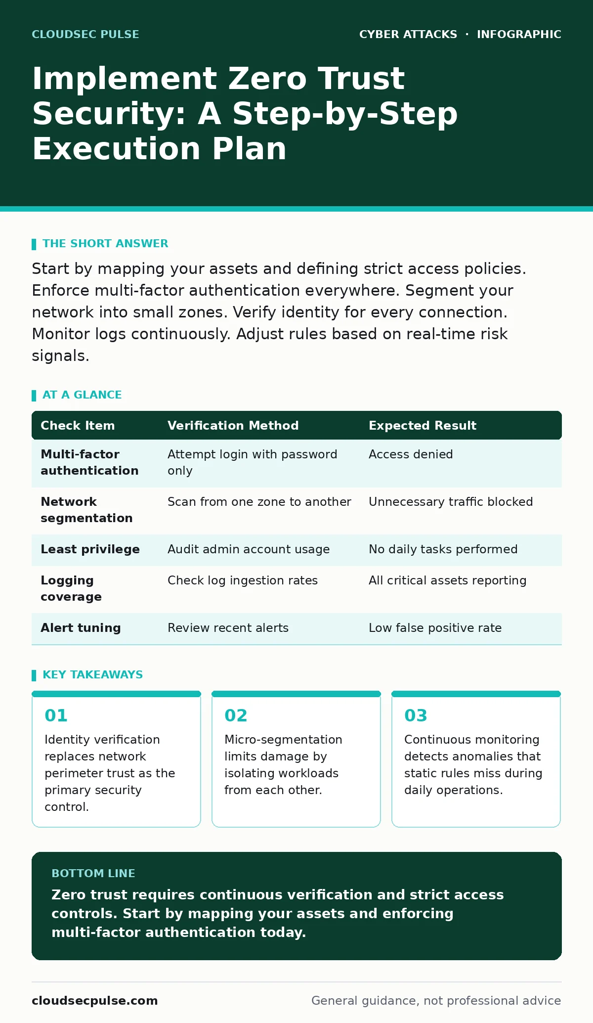 Infographic: Implement Zero Trust Security: A Step-by-Step Execution Plan. Identity verification replaces network perimeter trust as the primary security control. Micro-segmentation limits damage by isolating workloads from each other. Continuous monitoring detects anomalies that static rules miss d