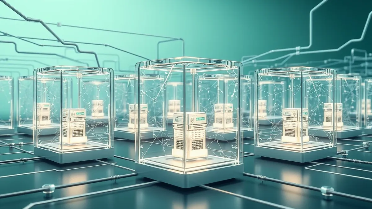 Illustration: A digital network mesh dissolves into isolated, transparent glass cubes.