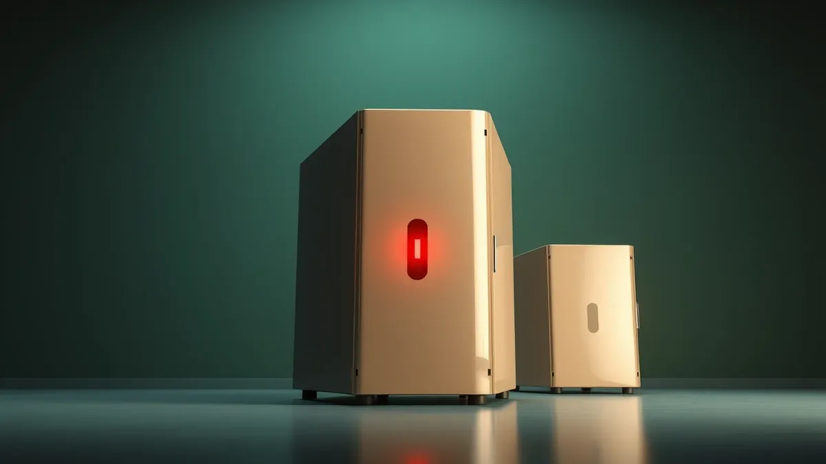 Illustration: A beige metal file server sits in a dim room, its front panel dominated by a single flashing red warning light.