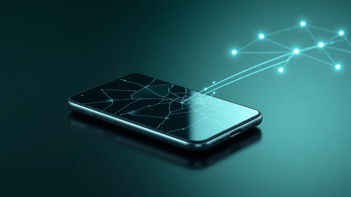 Illustration: A cracked android smartphone lies on a dark surface, its screen displaying abstract geometric shapes that suggest hidden data structures.