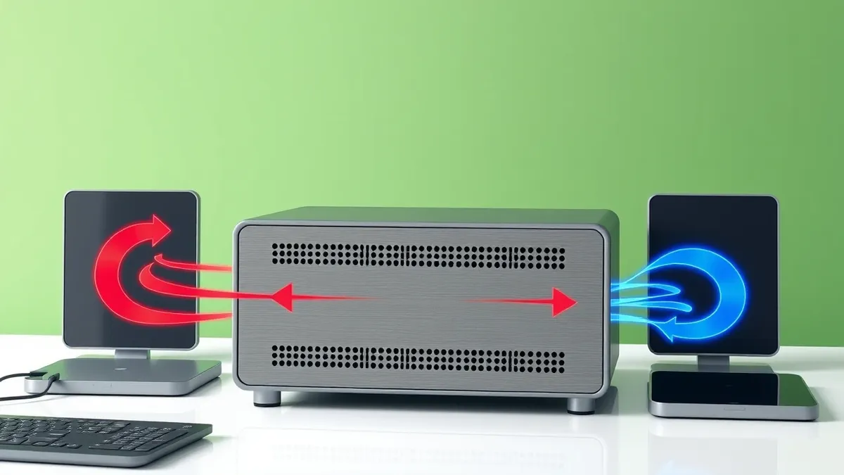 Illustration: A sleek, gray network security appliance sits on a clean white desk, its front panel displaying only abstract geometric patterns.
