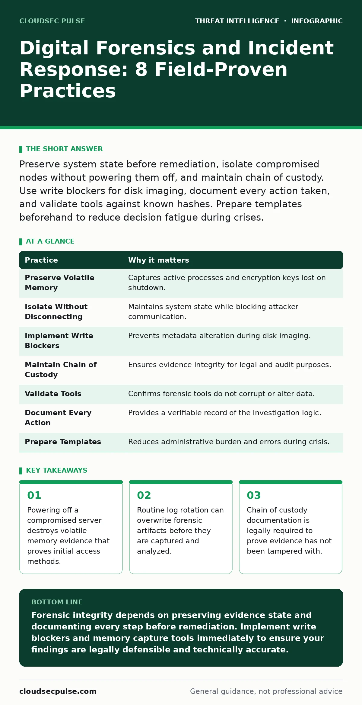Infographic: Digital Forensics and Incident Response: 8 Field-Proven Practices. Powering off a compromised server destroys volatile memory evidence that proves initial access methods. Routine log rotation can overwrite forensic artifacts before they are captured and analyzed. Chain of custody docume