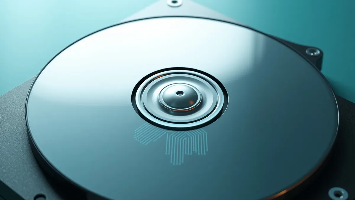 Illustration: A close-up of a hard drive platter reflecting faint blue light.