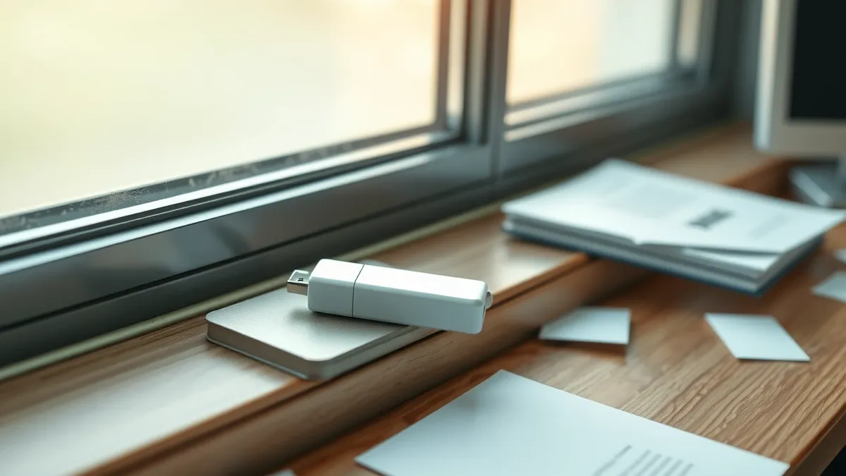 Illustration: A pristine white USB flash drive rests on a dusty wooden windowsill in an empty office.