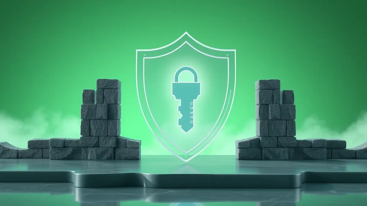 Illustration: A transparent glass shield materializes around a floating digital key, replacing a crumbling stone castle wall.