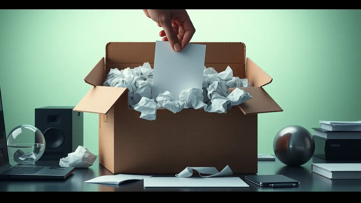 Illustration: A large cardboard box sits on a desk, overflowing with crumpled paper sheets.