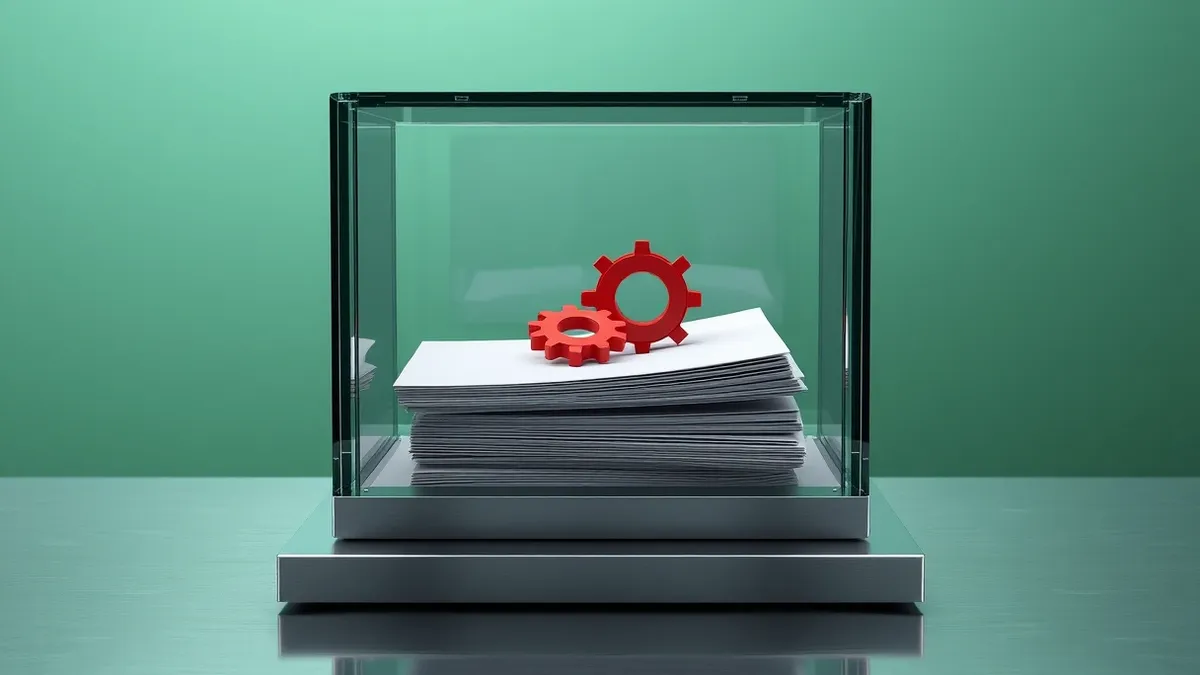 Illustration: A transparent glass box sits on a metal workbench, containing a small red gear.