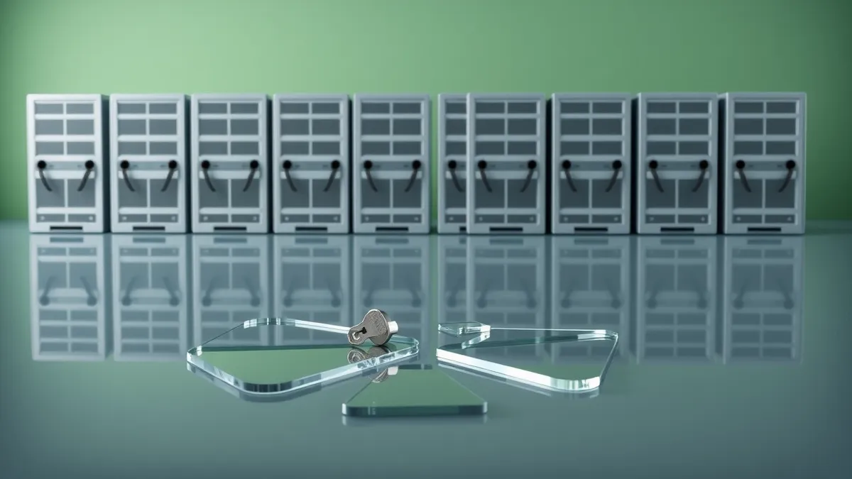 Illustration: A shattered glass pane lies on the floor, reflecting a row of identical, unmarked gray server boxes.