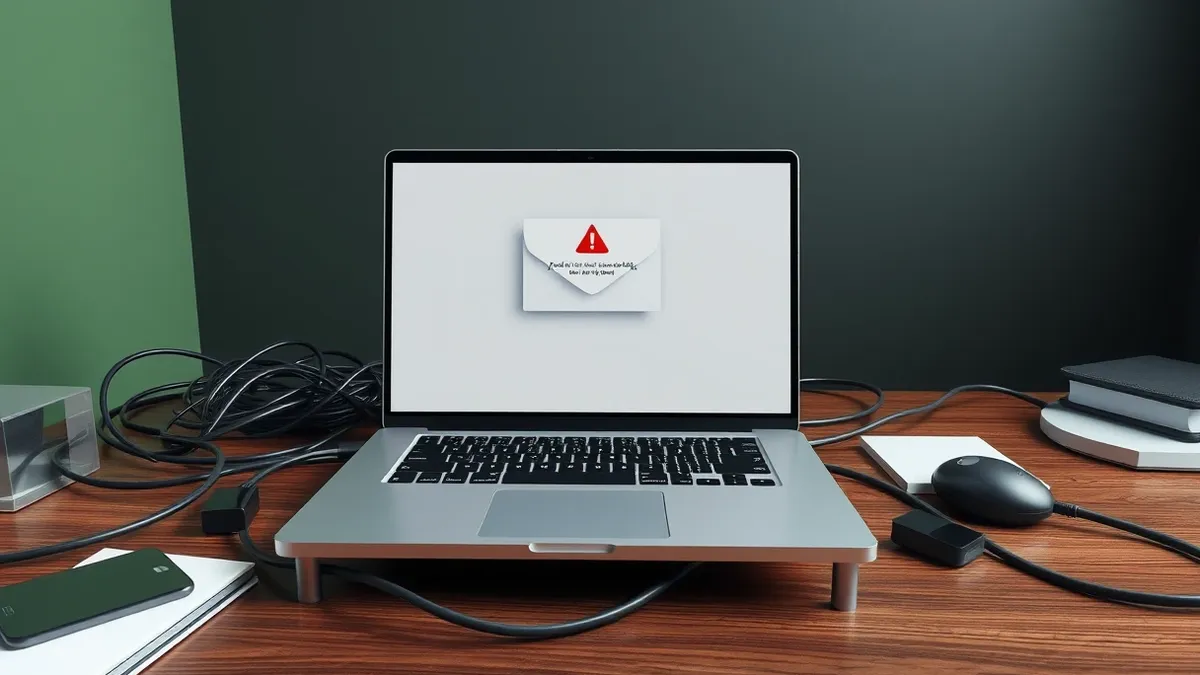 Illustration: A sleek silver laptop sits open on a cluttered wooden desk.