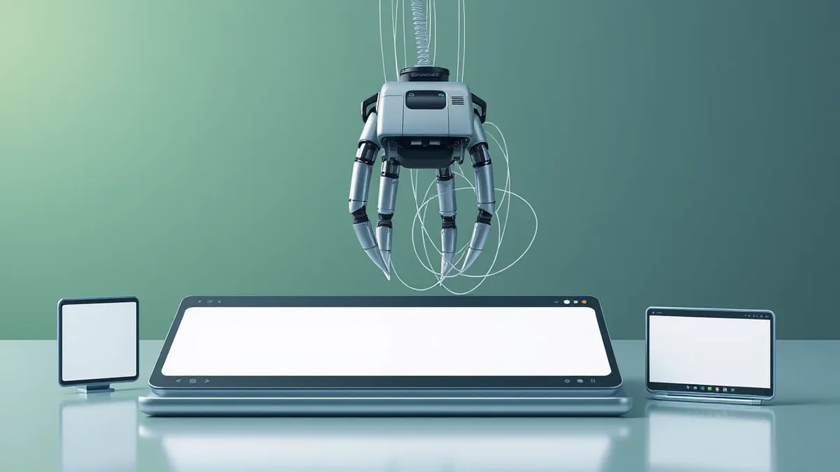 Illustration: A robotic claw hovers over a blank browser window, its mechanical fingers tangled in invisible threads rising from the page header.