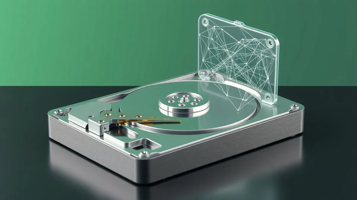Illustration: A silver hard drive rests on a dark surface, its metallic platters visibly transforming into intricate, tangled geometric wireframes.