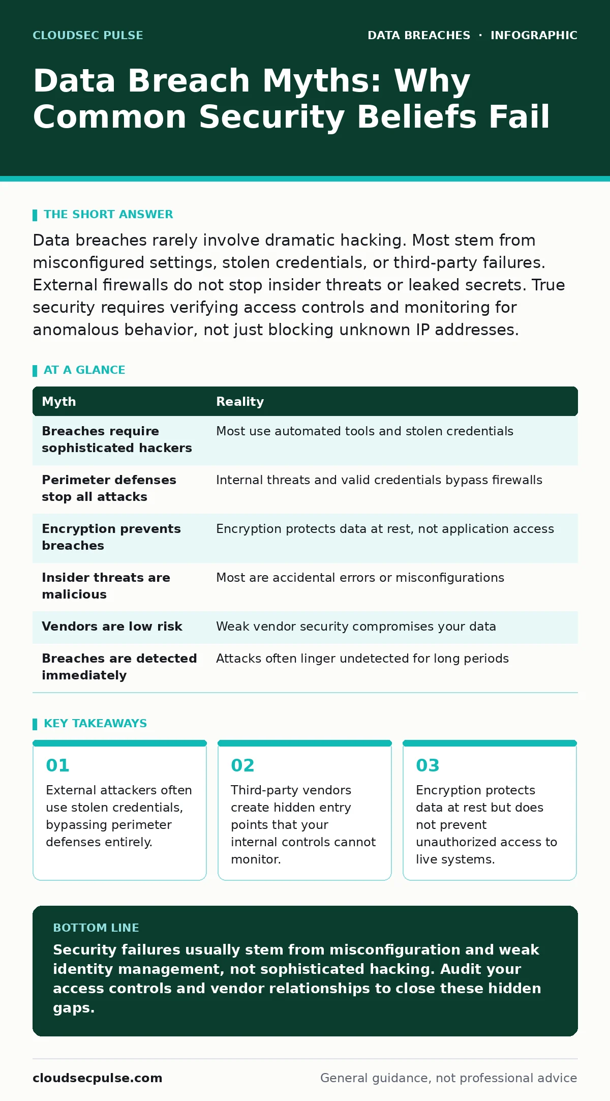 Infographic: Data Breach Myths: Why Common Security Beliefs Fail. External attackers often use stolen credentials, bypassing perimeter defenses entirely. Third-party vendors create hidden entry points that your internal controls cannot monitor. Encryption protects data at rest but does not prevent u