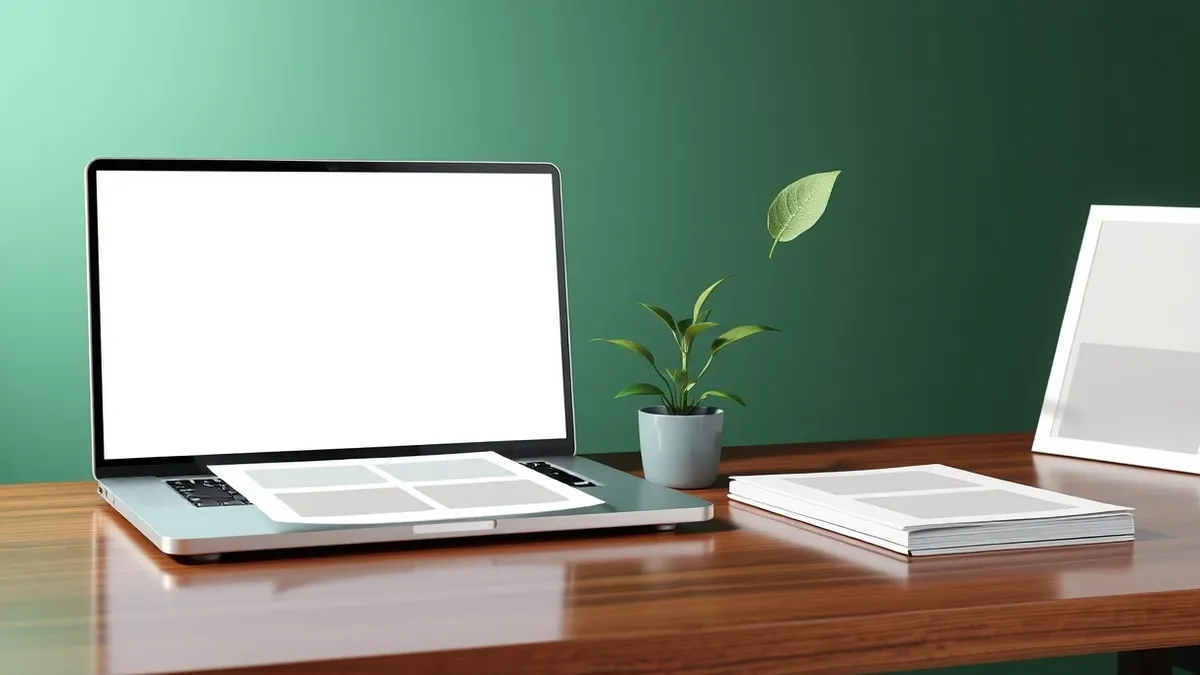 Illustration: A wooden desk holds a laptop with a blank screen and a stack of printed pages featuring abstract layout boxes.