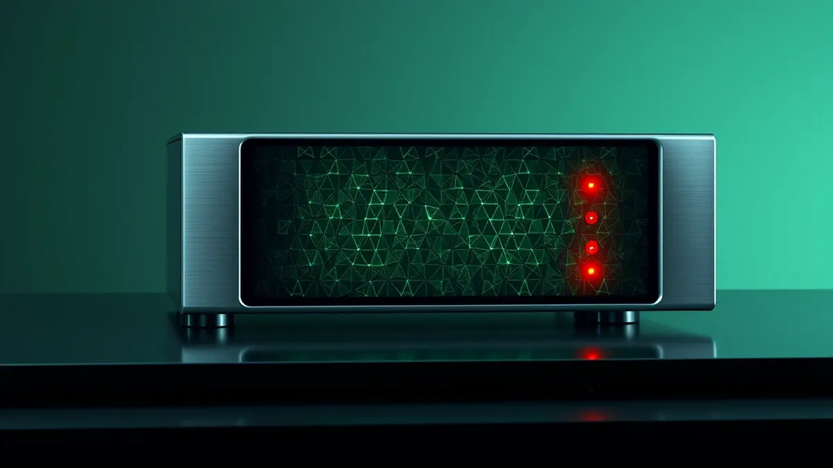 Illustration: A sleek silver firewall appliance sits on a dark desk, its front panel displaying a grid of glowing abstract geometric patterns.