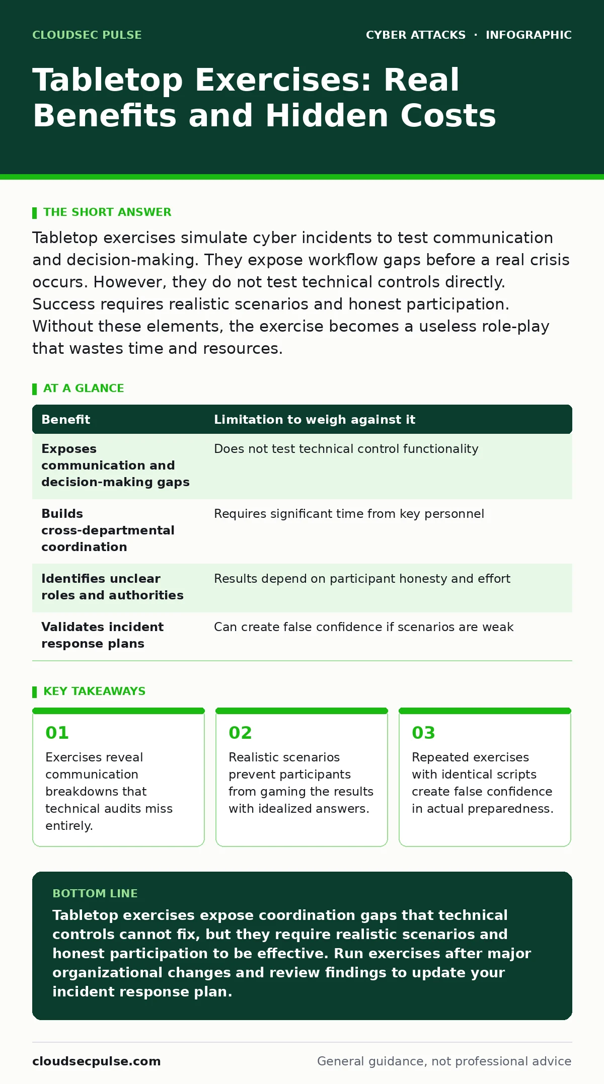 Infographic: Tabletop Exercises: Real Benefits and Hidden Costs. Exercises reveal communication breakdowns that technical audits miss entirely. Realistic scenarios prevent participants from gaming the results with idealized answers. Repeated exercises with identical scripts create false confidence i
