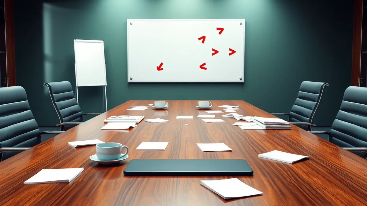 Illustration: A wooden conference table holds scattered blank notepads and coffee cups.