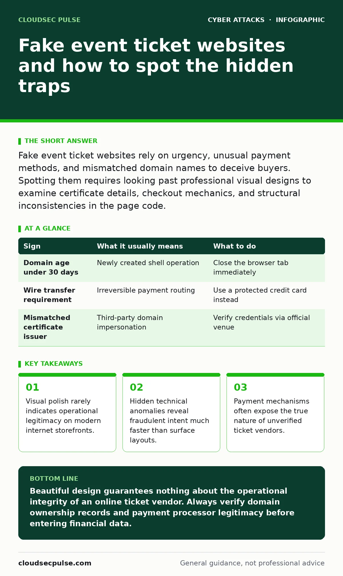 Infographic: Fake event ticket websites and how to spot the hidden traps. Visual polish rarely indicates operational legitimacy on modern internet storefronts. Hidden technical anomalies reveal fraudulent intent much faster than surface layouts. Payment mechanisms often expose the true nature of unv