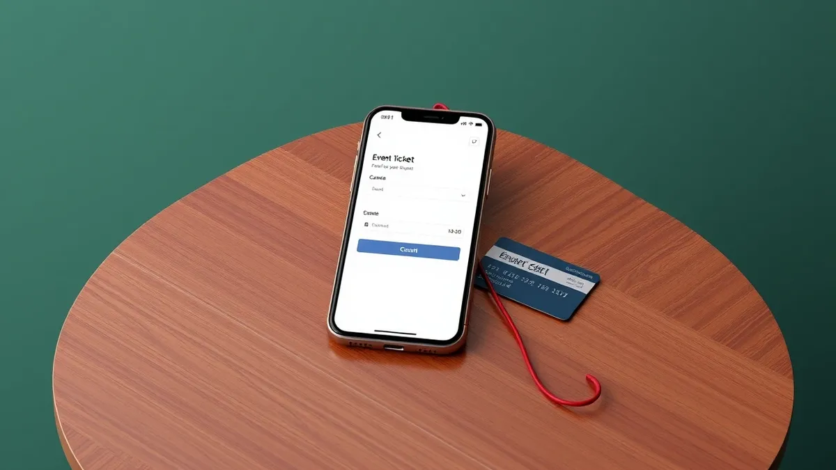 Illustration: A sleek smartphone rests on a wooden table, displaying a generic event ticket purchase screen with blank fields and a prominent checkout button.
