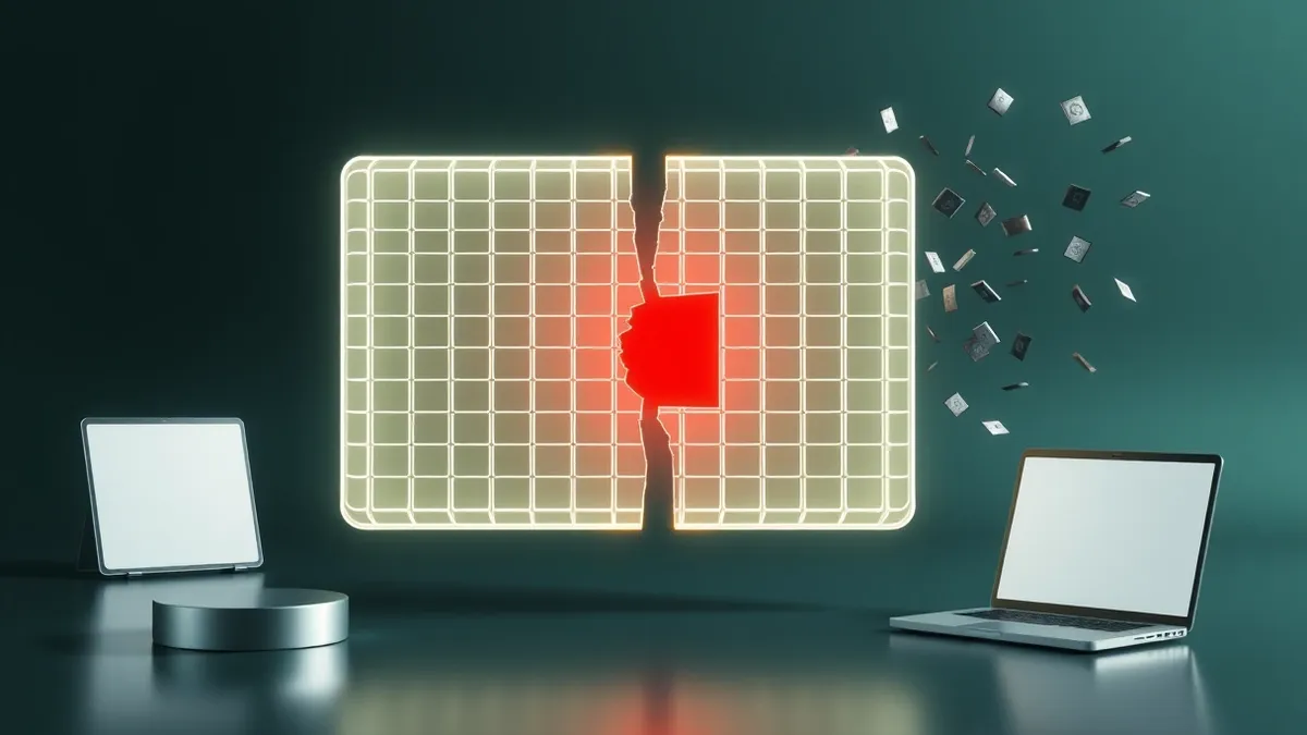 Illustration: A glowing digital ledger floats in a dark void, its rigid grid structure cracking under sudden pressure.