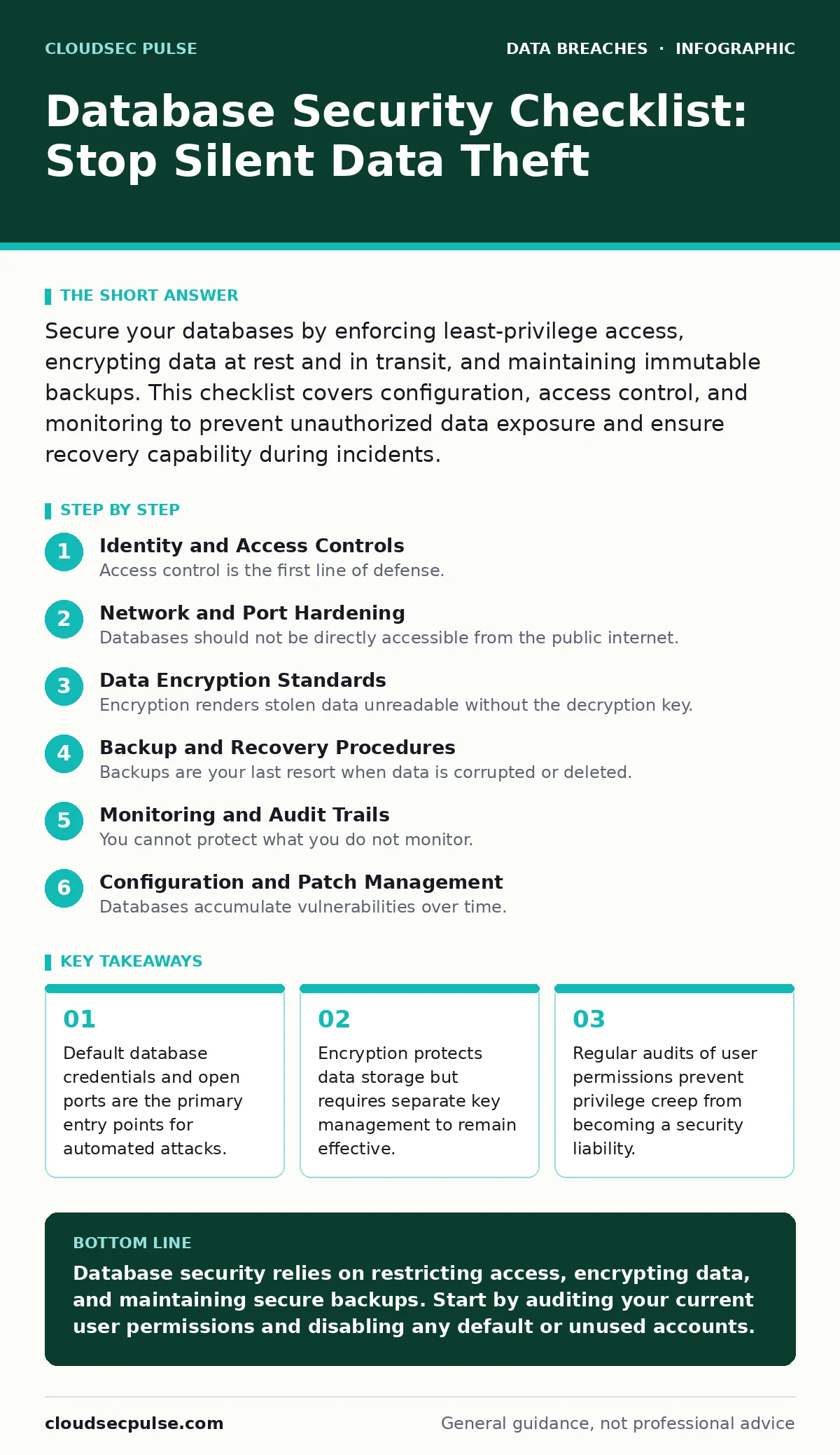 Infographic: Database Security Checklist: Stop Silent Data Theft. Default database credentials and open ports are the primary entry points for automated attacks. Encryption protects data storage but requires separate key management to remain effective. Regular audits of user permissions prevent priv