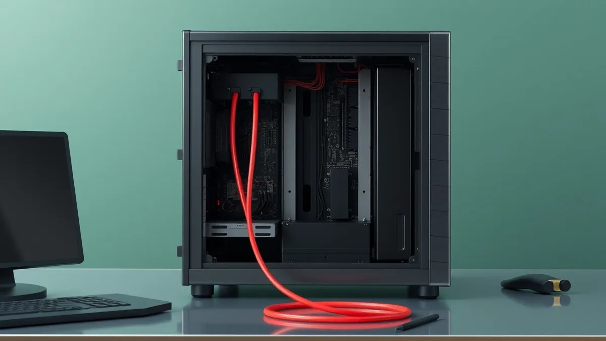 Illustration: A sleek server tower sits open on a metal workbench, its drive bays exposed to reveal bare circuit boards and tangled cables.