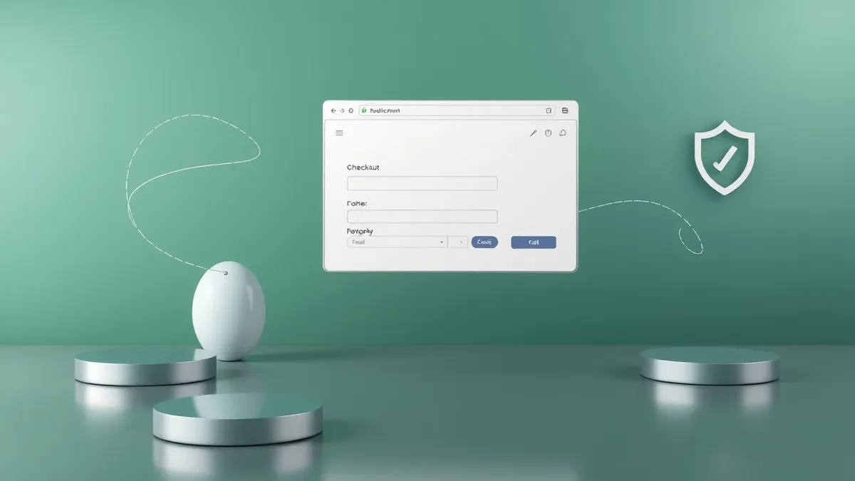 Illustration: A generic web browser window floats in mid-air, displaying a blank online checkout form with empty input fields.
