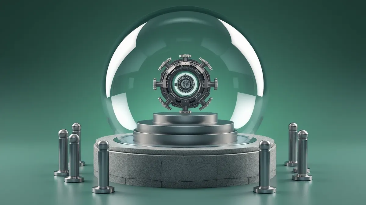 Illustration: A transparent glass dome encases a complex mechanical core representing the kernel, resting on a sturdy stone pedestal.