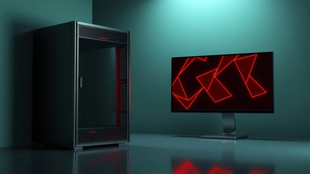 Illustration: A generic server rack sits in a dimly lit room, its blank front panel reflecting the faint glow of a nearby monitor.