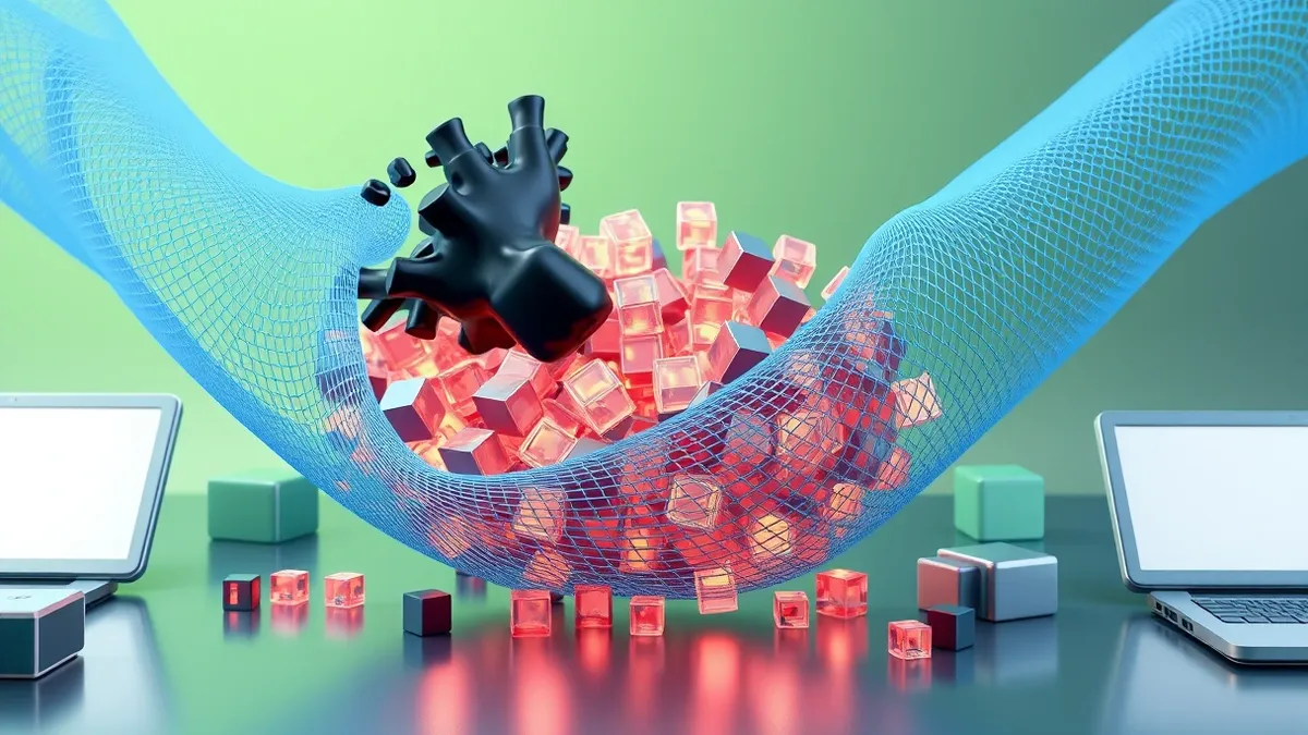 Illustration: A translucent blue mesh wraps around a chaotic cluster of glowing data cubes, smoothing their jagged edges into orderly rows.