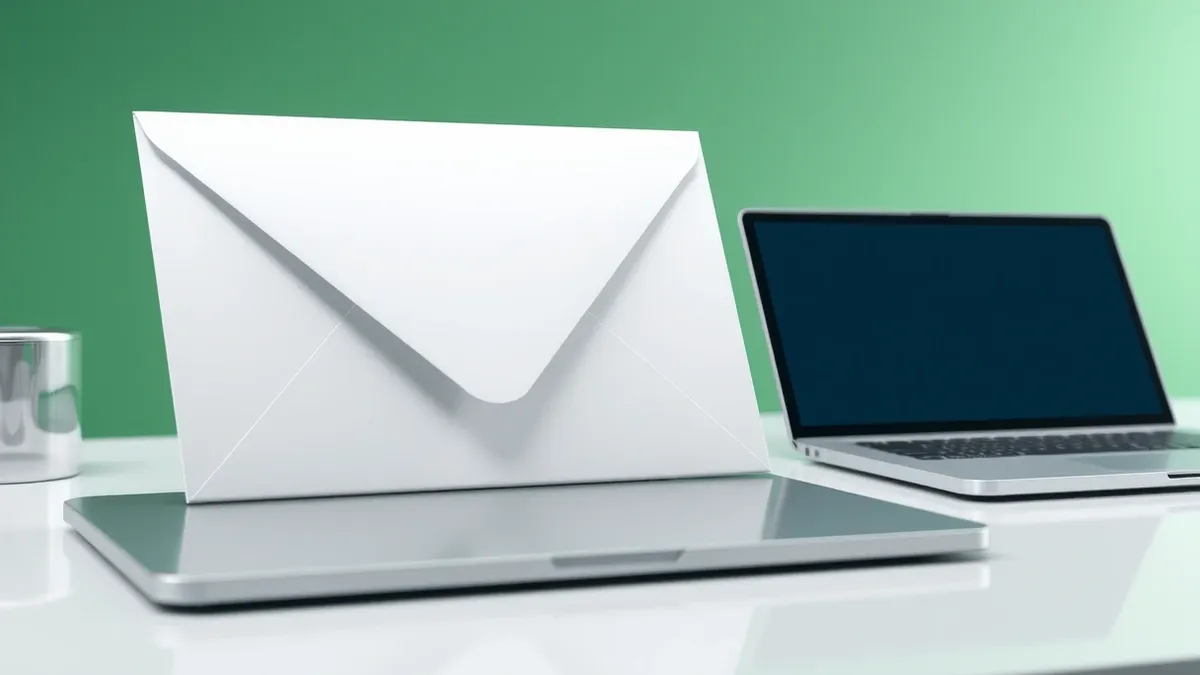 Illustration: A sleek white envelope rests on a clean desk, displaying a simple blue checkmark badge in the corner.