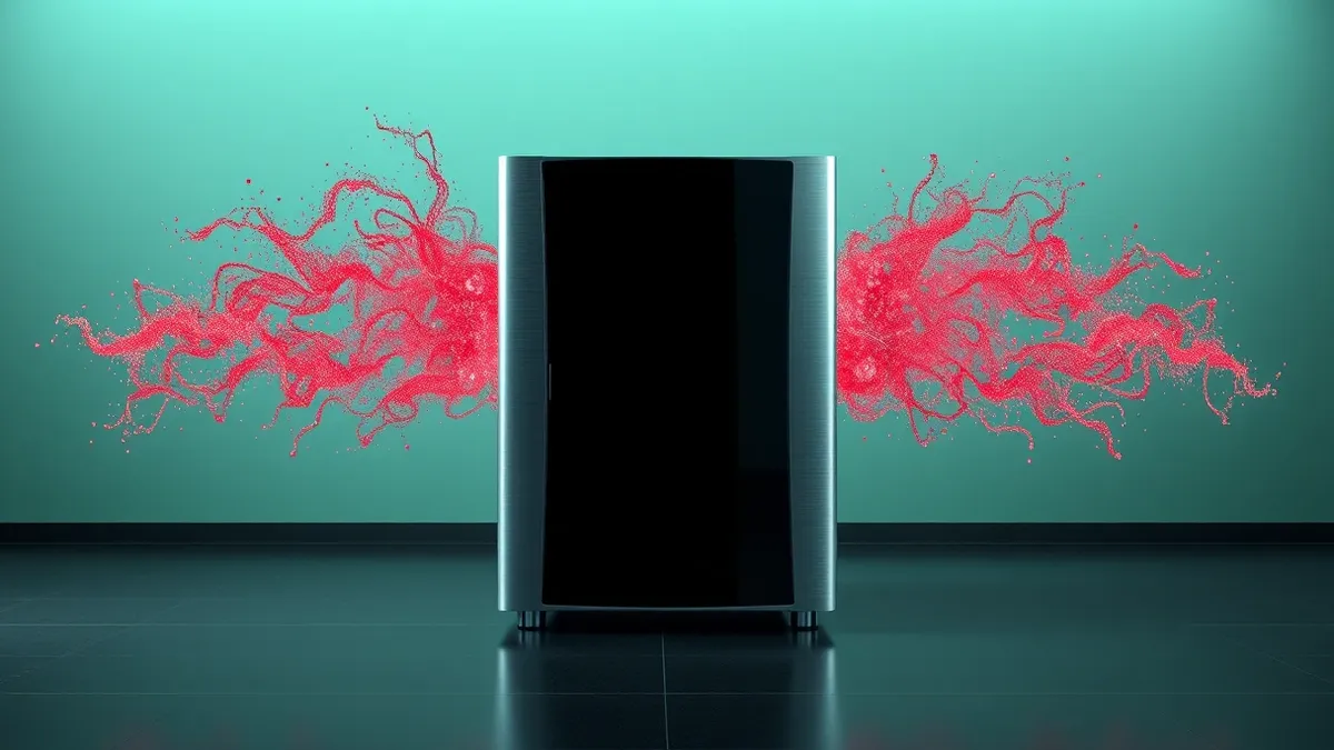 Illustration: A sleek, metallic database server sits on a dark office floor.