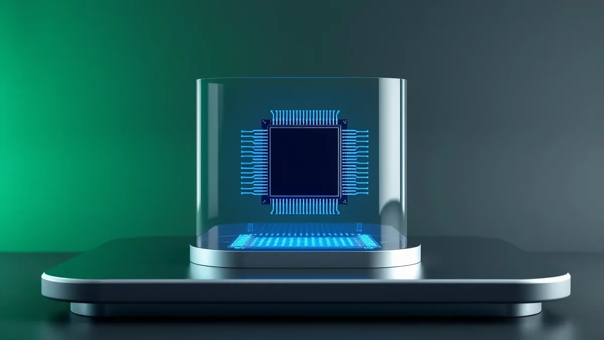 Illustration: A transparent glass shield encases a glowing blue processor chip, isolating it from the dark, shadowy background.