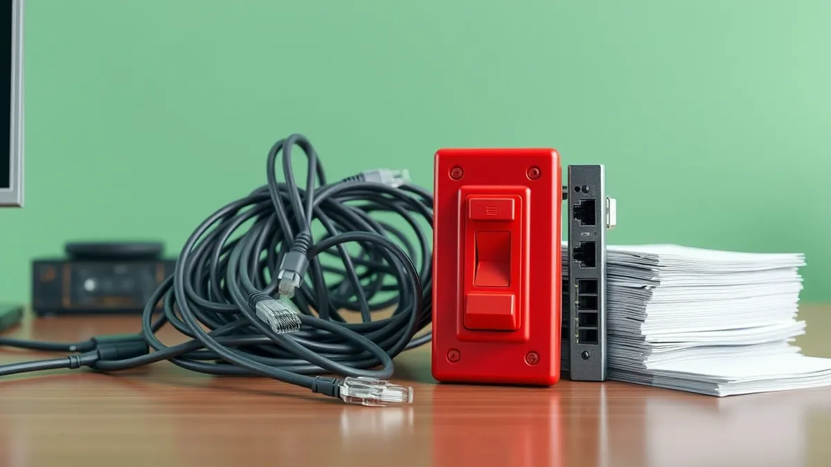 Illustration: A chaotic office desk holds a tangled knot of ethernet cables and a stack of blank printed forms.