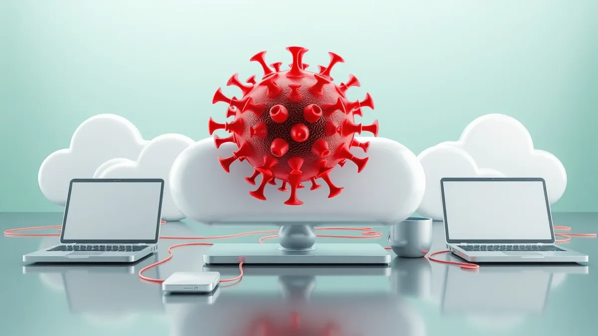 Illustration: A translucent, jagged red virus creeps along the edges of clean white cloud icons.