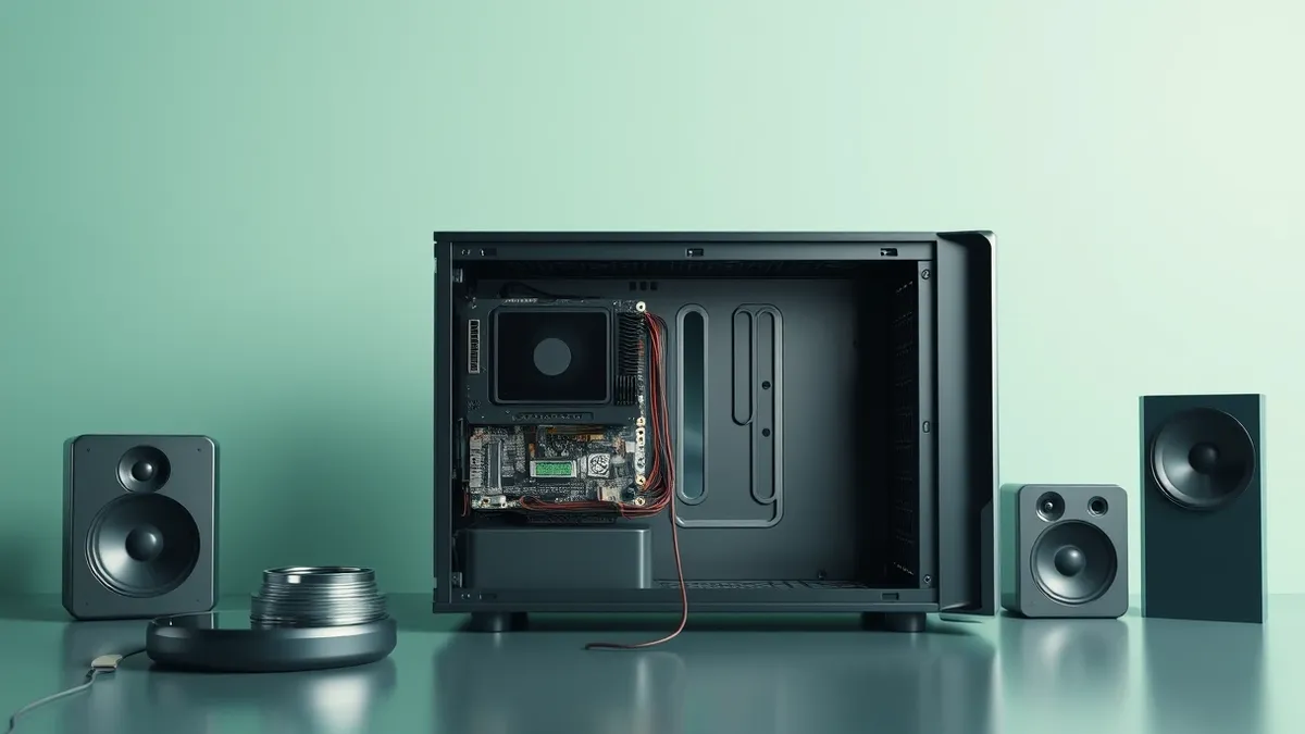 Illustration: An open computer tower sits on a desk with its side panel removed, revealing bare circuit boards and empty slots.