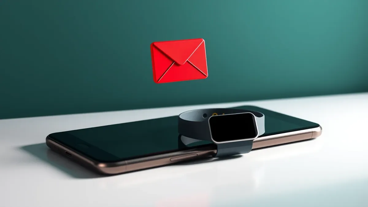 Illustration: A small wearable heart monitor rests on a white desk beside a sleek smartphone.