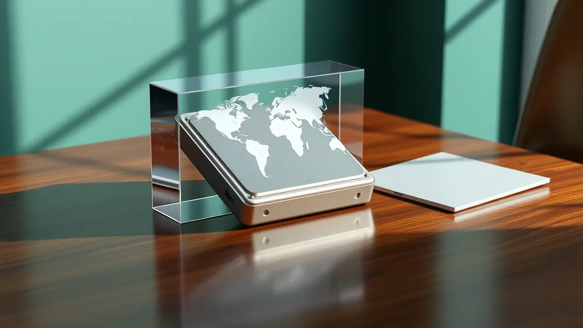 Illustration: A small silver hard drive rests on a polished wooden table.