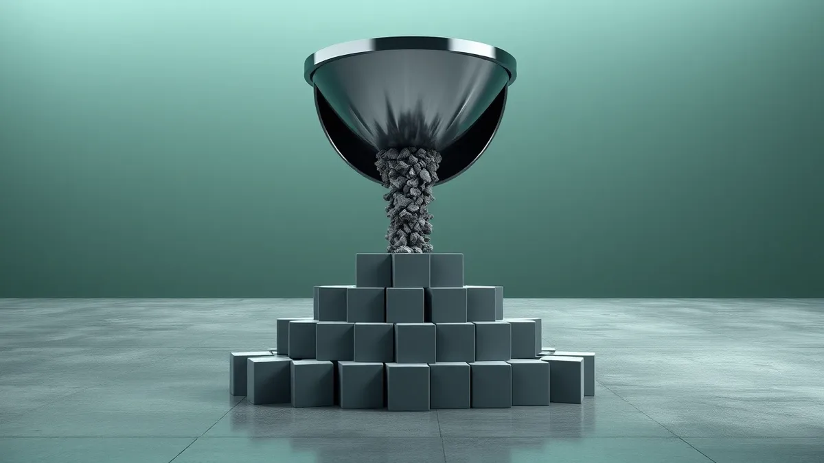 Illustration: A large industrial funnel sits on a concrete floor, pouring a chaotic stream of jagged grey rocks and debris into its wide mouth.