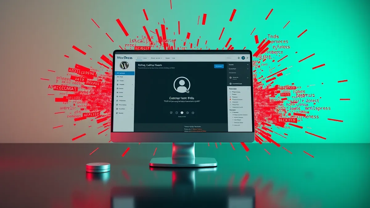 Illustration: A sleek, modern WordPress dashboard interface floats in mid-air, surrounded by chaotic red digital shards and glitching static effects.