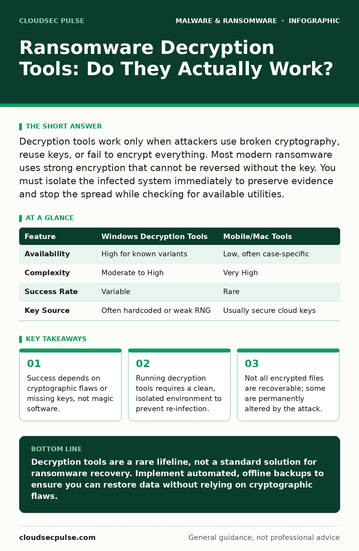 Infographic: Ransomware Decryption Tools: Do They Actually Work?. Success depends on cryptographic flaws or missing keys, not magic software. Running decryption tools requires a clean, isolated environment to prevent re-infection. Not all encrypted files are recoverable; some are permanently altered