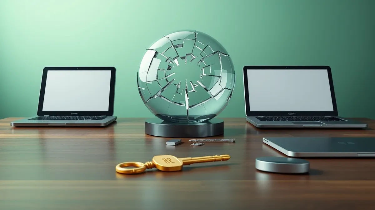 Illustration: A cracked glass sphere sits on a wooden desk, its fractured surface reflecting distorted light patterns.