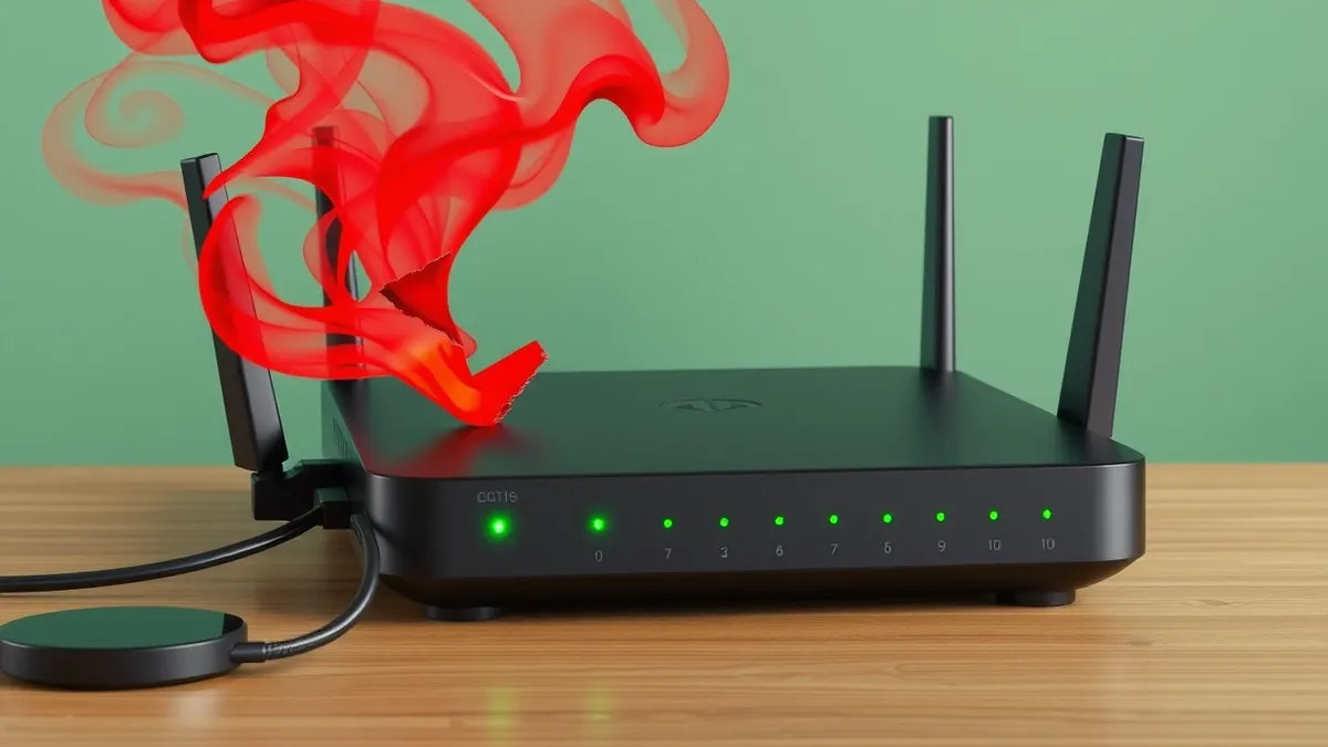 Illustration: A sleek black network router sits on a wooden desk with blinking green lights.