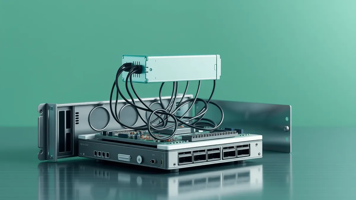 Illustration: A sleek metal server case sits open on a workbench, revealing its internal circuitry and slots.