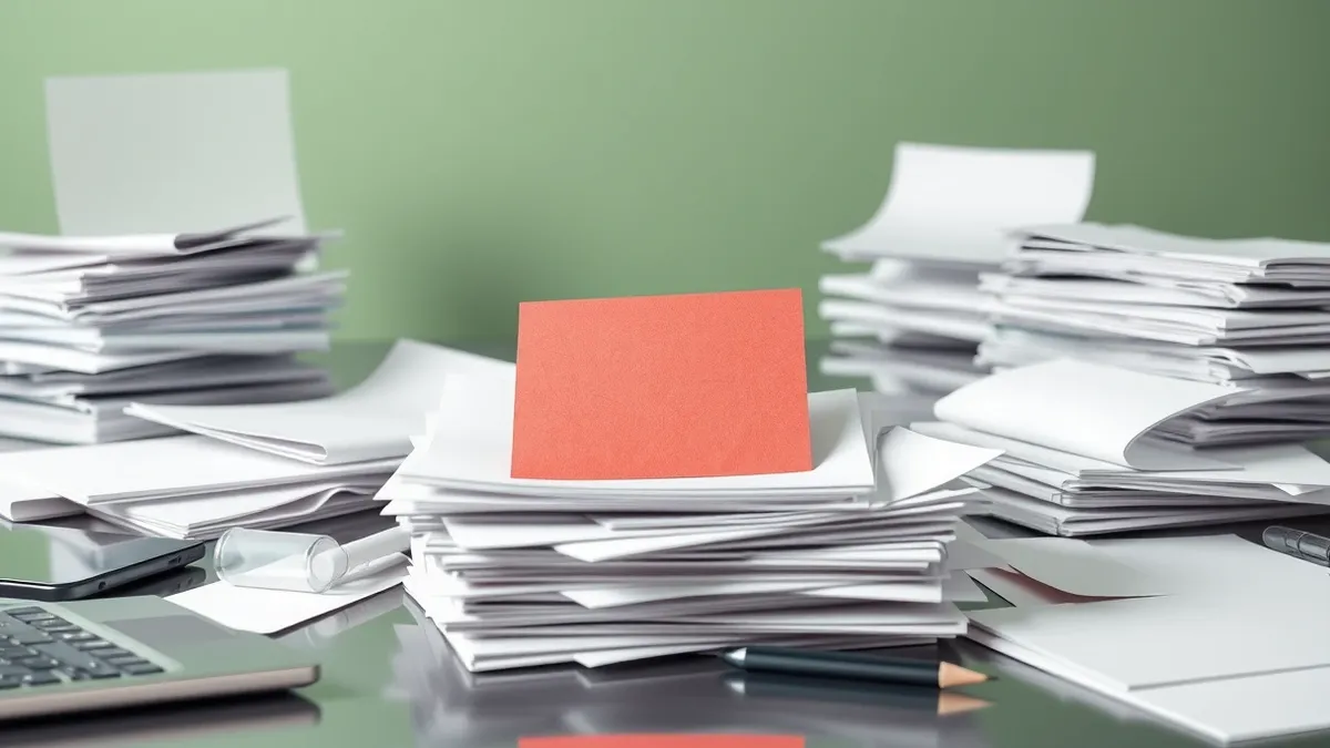Illustration: A cluttered desk holds a stack of blank, crumpled papers with a single red sticky note resting prominently on top.