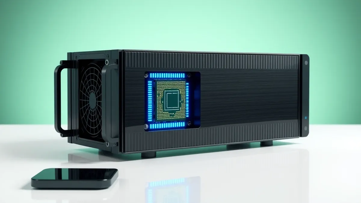 Illustration: A sleek black server blade rests on a clean white desk, its cooling fans spinning silently.