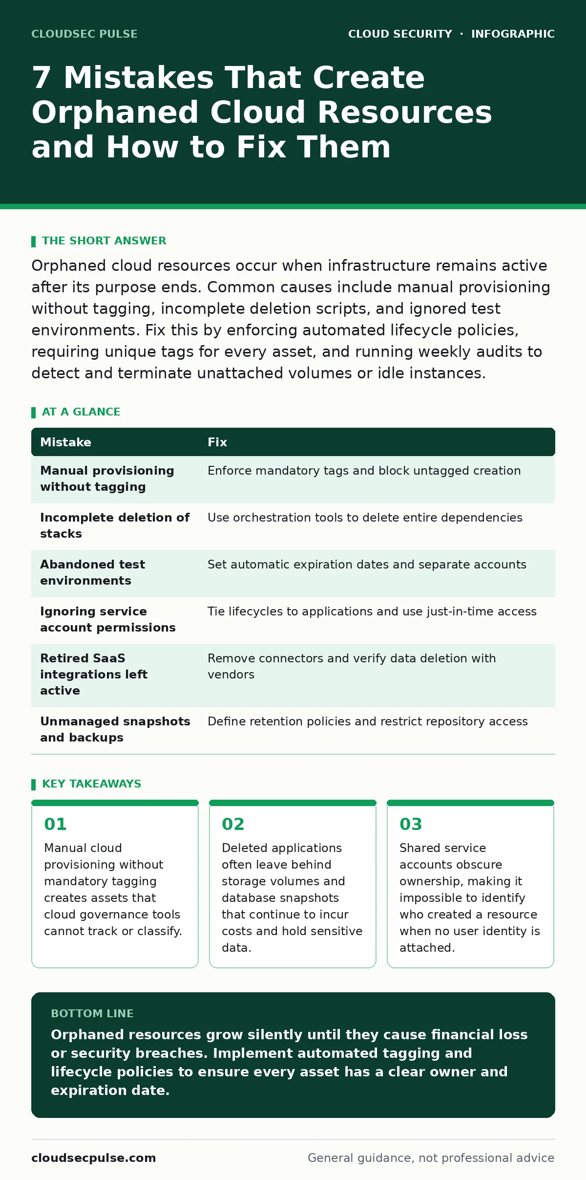 Infographic: 7 Mistakes That Create Orphaned Cloud Resources and How to Fix Them. Manual cloud provisioning without mandatory tagging creates assets that cloud governance tools cannot track or classify. Deleted applications often leave behind storage volumes and database snapshots that continue to i